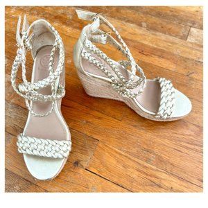 Tory Burch Gold Leather Braided Espadrille Wedges
